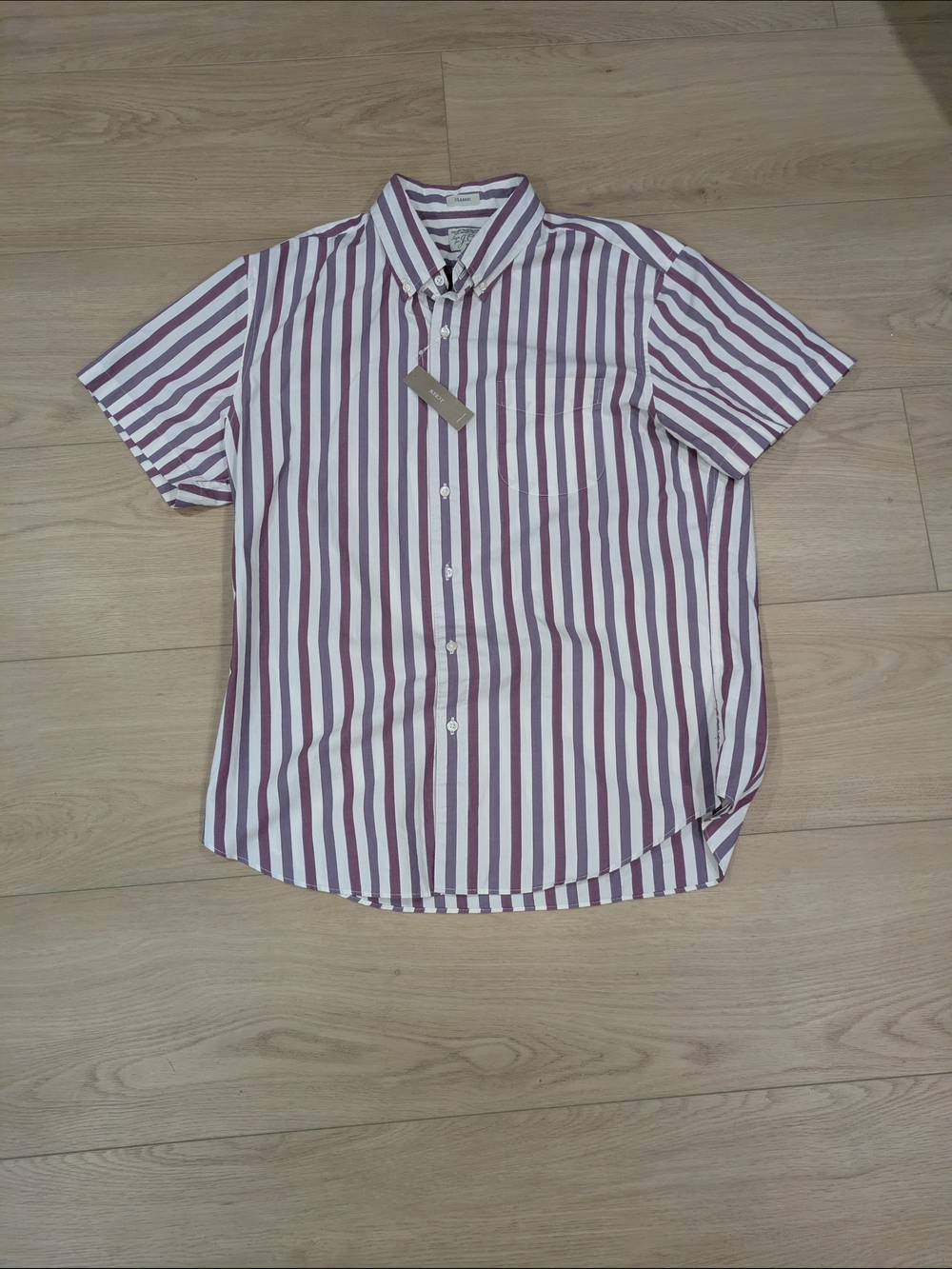 J. Crew Short-Sleeve Button-Down Shirt in White and Purple Stripe